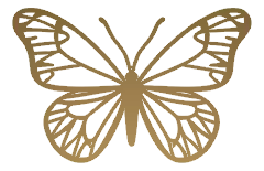 Logo of a butterfly with detailed wings in a gold hue, symbolizing transformation and elegance, representing a hairstyling business.